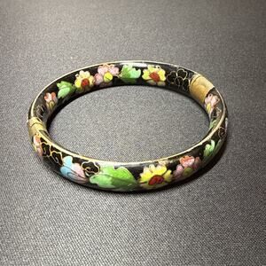 Vtg Black CHAMPLEVE CLOISONNE BRACELET Gold Tone Clamper Bangle Chinese Floral
